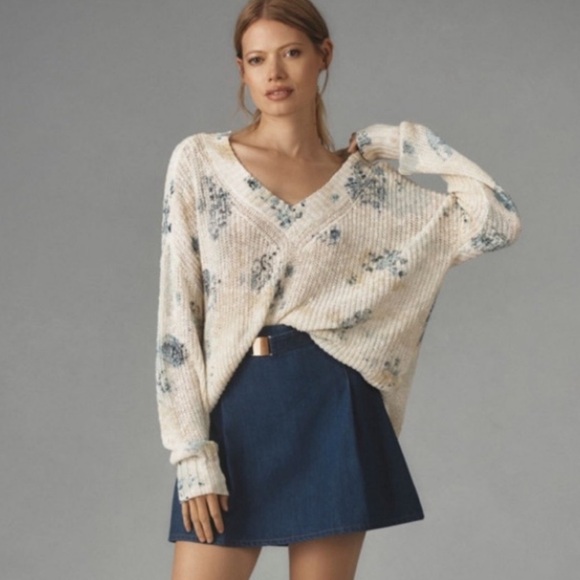 Anthropologie Pilcro Slouchy V-Neck Sweater Ivory Floral Bohemian Oversized - Picture 13 of 13